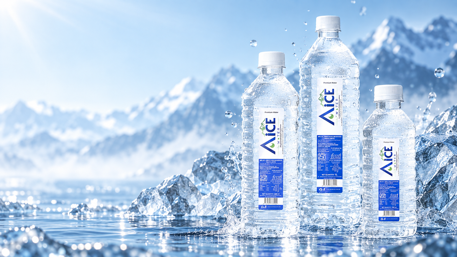 Chilled Aice Water bottles against an icy mountain landscape