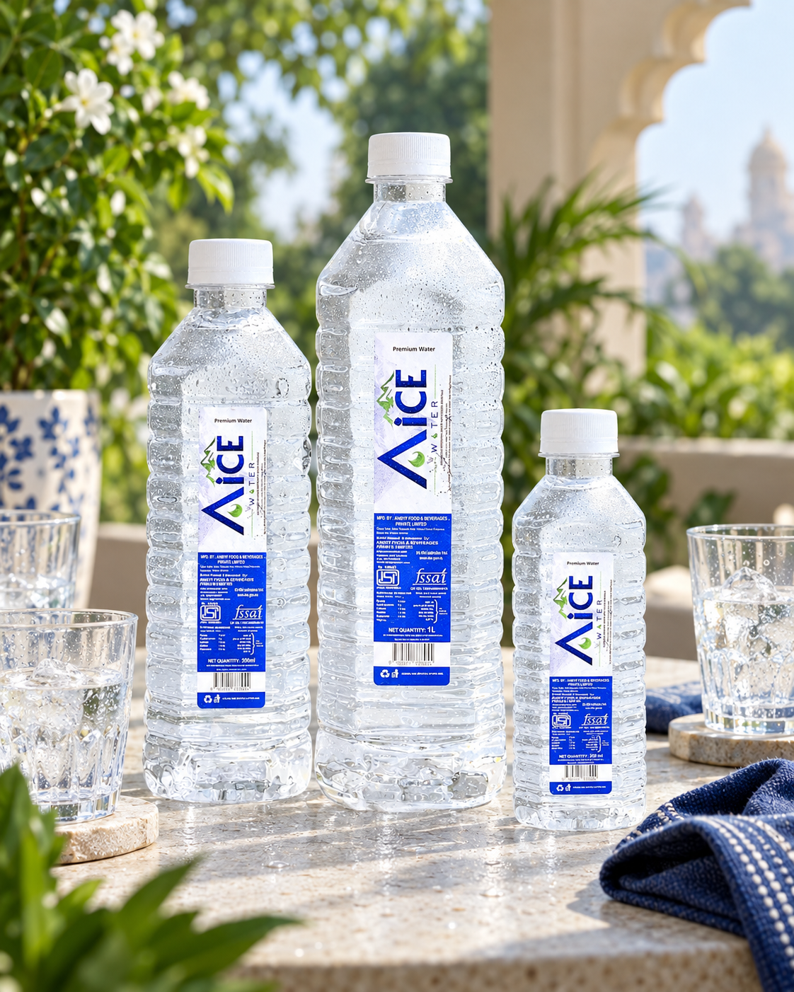 Chilled Aice Water bottles arranged on a sunlit terrace