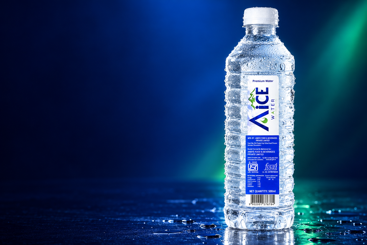 Cold Aice Water bottle in a premium blue studio setting